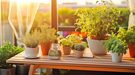 City garden on sustainable balcony with rosemary, basil, mint and other easy-to-grow vegetables on wooden table on sunset cityscape background. Vegetable garden on terrace
