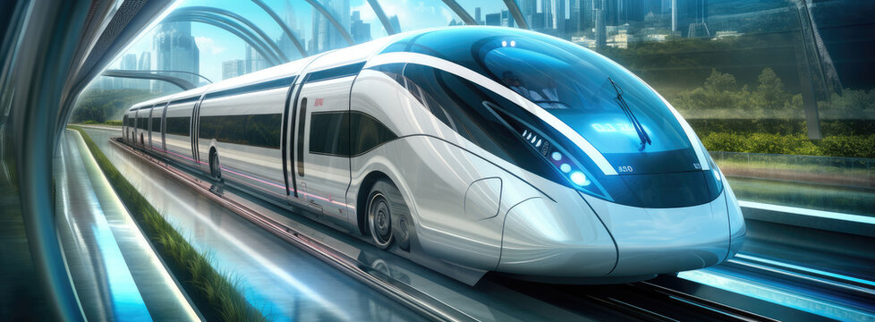 Futuristic bullet train or hyperloop ultrasonic train cabsul with full self driving system activated for fast transportation in the city of the Future.