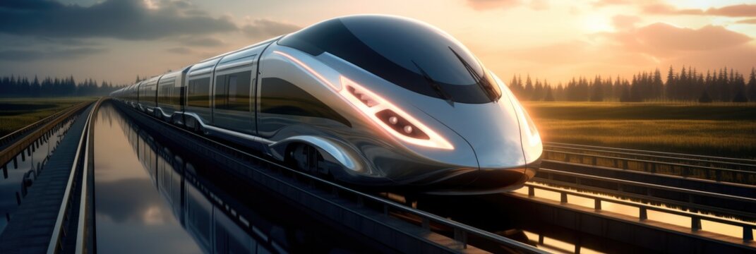 Futuristic bullet train or hyperloop ultrasonic train cabsul with full self driving system activated for fast transportation in the city of the Future.