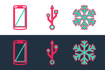Set line Snowflake, Smartphone, mobile phone and USB icon. Vector