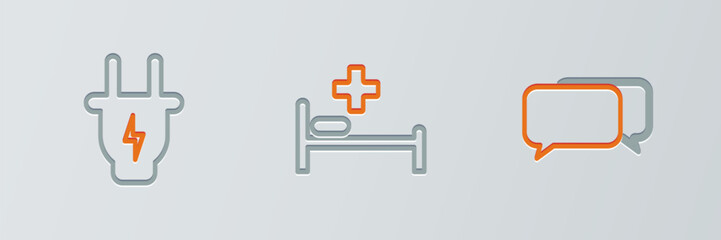 Set line Chat, Electric plug and Hospital bed icon. Vector