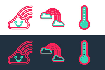 Set line Meteorology thermometer, Rainbow with cloud and clouds icon. Vector