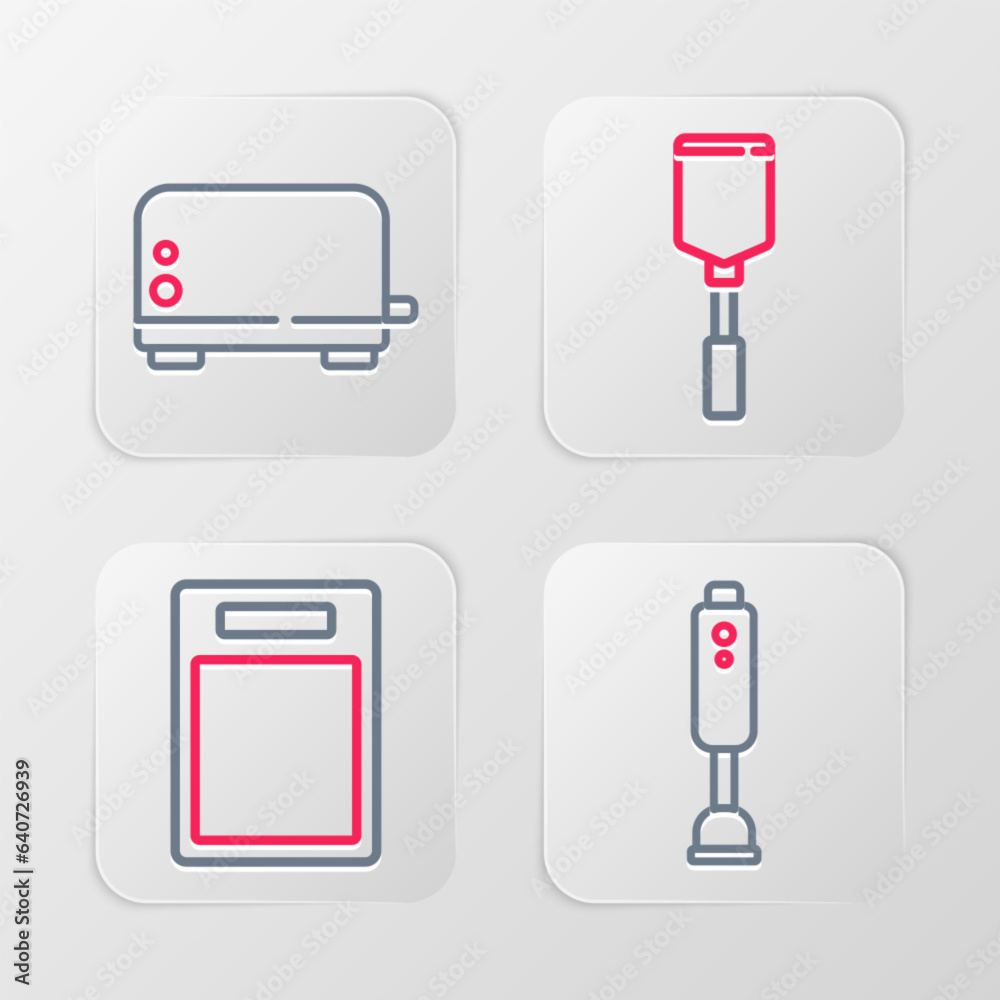 Poster Set line Blender, Cutting board, Spatula and Toaster icon. Vector