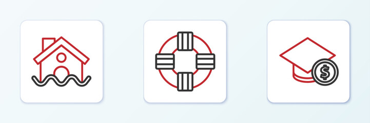Set line Graduation cap and coin, House flood and Lifebuoy icon. Vector