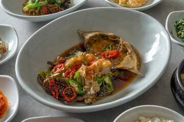 Korean food dish Soy Sauce Marinated Crab, Set Menu, Grilled La Ribs, Barley Gulbi, Grilled Dried Pollack, Side Dish