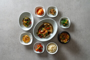 Korean food dish Soy Sauce Marinated Crab, Set Menu, Grilled La Ribs, Barley Gulbi, Grilled Dried Pollack, Side Dish