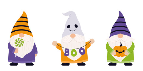 Funny happy halloween gnomes set. Vector illustration