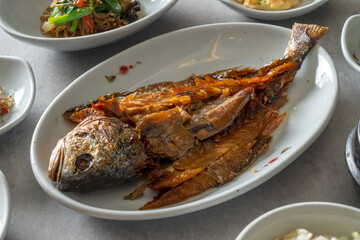 Korean food dish Soy Sauce Marinated Crab, Set Menu, Grilled La Ribs, Barley Gulbi, Grilled Dried Pollack, Side Dish
