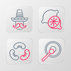 Fototapeta premium Set line Gong, Beans, Lime and Mexican man sombrero icon. Vector