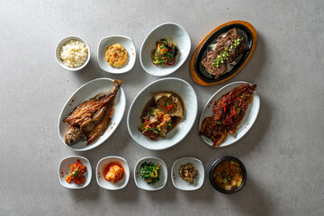 Korean food dish Soy Sauce Marinated Crab, Set Menu, Grilled La Ribs, Barley Gulbi, Grilled Dried Pollack, Side Dish