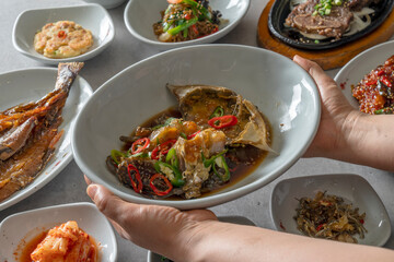 Korean food dish Soy Sauce Marinated Crab, Set Menu, Grilled La Ribs, Barley Gulbi, Grilled Dried Pollack, Side Dish