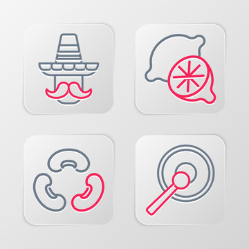 Set line Gong, Beans, Lime and Mexican man sombrero icon. Vector