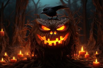 Amazing Close up of a Glowing Pumpkin with a Crow. Scary. Evil.