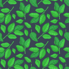 Seamless pattern with green leaves on a dark background.