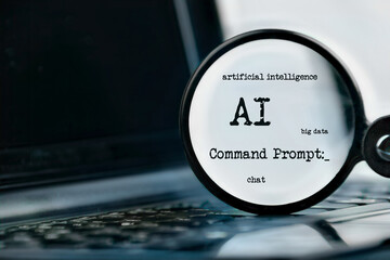AI technology demonstrated with laptop, text and magnifying glass and command prompt. Chat with artificial intelligence.