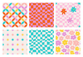 Hippie checkered seamless patterns with daisy flowers, groovy checkerboard backgrounds. Funky vintage aesthetic floral fashion textile print, retro psychedelic waves pattern with daisies vector set