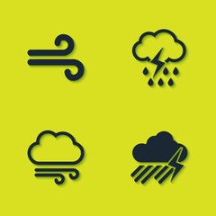 Set Wind, Cloud with rain and lightning, Windy weather and icon. Vector