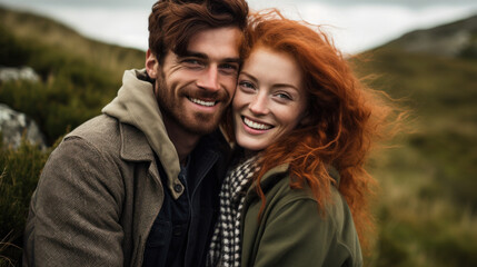 Obraz premium Portrait of a lovely couple looking one to another while dating outside smiling against sunset.