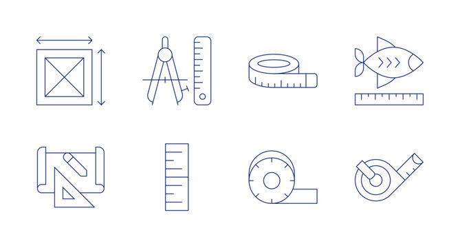 Measure icons. editable stroke. Containing area, drawing, compass, height, scale, tape measure, measuring tape.