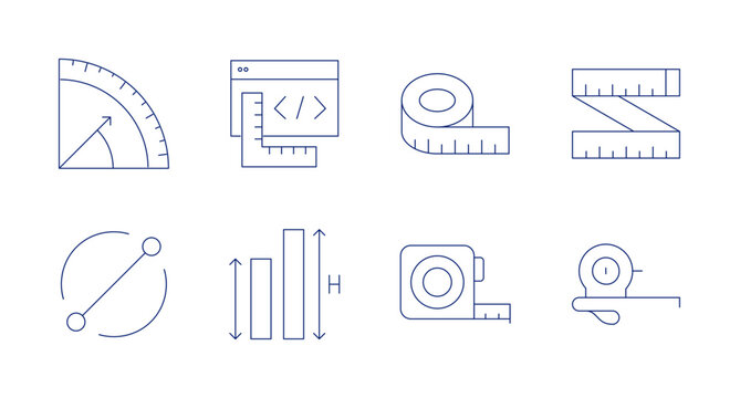 Measure icons. editable stroke. Containing angle, diameter, coding, height, measuring tape.