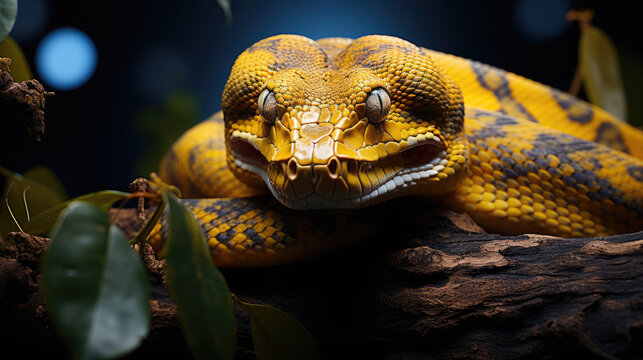 Yellow tree python snake on branch, snake on branch, reptiles closeup.