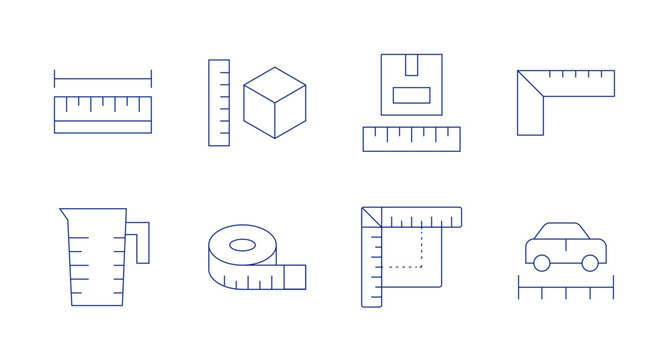Measure icons. editable stroke. Containing length, measuring cup, measure, measuring tape, ruler, size, parcel size.