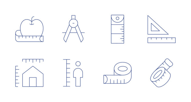 Measure icons. editable stroke. Containing apple, dimensions, compass, height, rulers, tape measure, measuring tape.