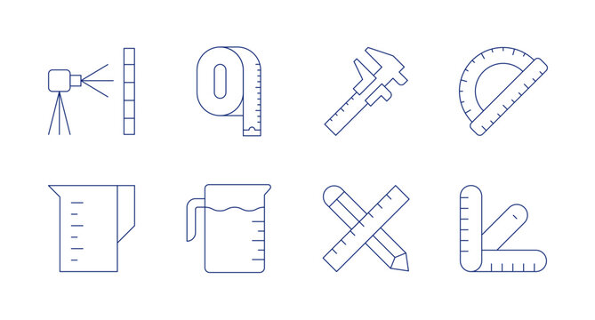 Measure icons. editable stroke. Containing laser level, measuring cup, measure tape, measuring jug, protractor, ruler, micrometer, work in progress.