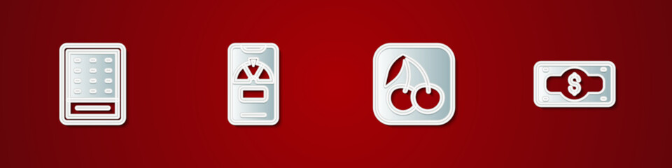 Set Lottery ticket, Lucky wheel on phone, Slot machine with cherry and Stacks paper money cash icon. Vector