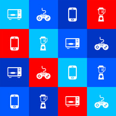 Set Microwave oven, Gamepad, Mobile phone and Blender icon. Vector