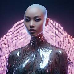 Fashion luxury photo of beautiful bald head young asian women in futuristic clothes