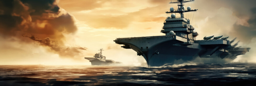 Military aircraft carrier ship with fighter jets take off during a special operation at airforce support at war zone.