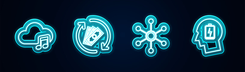Set line Music streaming service, Refund money, Network and Head with low battery. Glowing neon icon. Vector