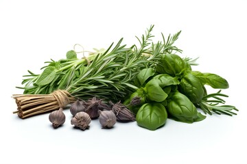 Herbs on the white background. Basil, Rosmeary, Lavender, Parsley, Mint.