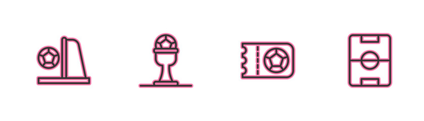 Set line Football goal with ball, or soccer ticket, Award cup and football and field icon. Vector