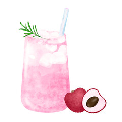 Ice lychee juice with rosemary and straw in a glass