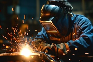 Man welds at the factory, Welder with sparks.
