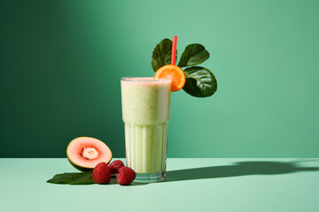 Fruit smoothie on green copy space background