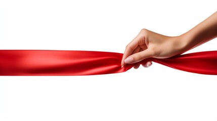 Woman's hand pull red silky tape isolated on white, hand opening gift by slightly pulling the red silky ribbon. - obrazy, fototapety, plakaty