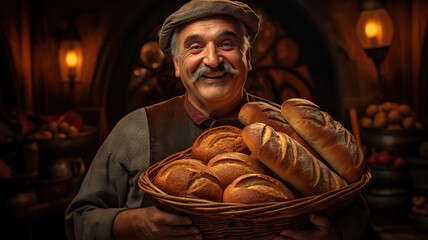 Middle-aged baker with a basket of fresh delicious bread loaves, cut out