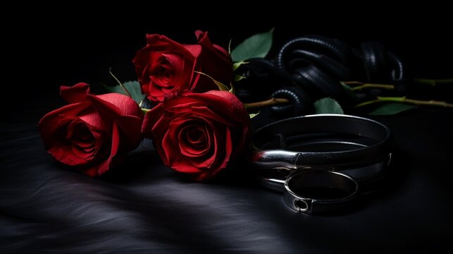 BDSM objects with red rose, black leather handcuffs and on e branch of fresh red rose bouquet on black background, with copy space.