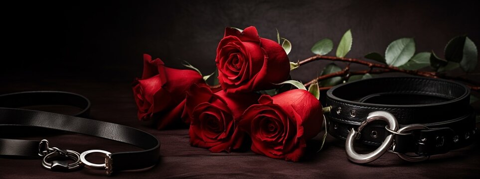 BDSM objects with red rose, black leather handcuffs and on e branch of fresh red rose bouquet on black background, with copy space.