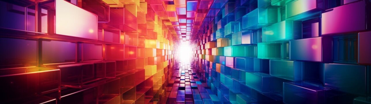 Perspective view of mosaic of many plastic stacked vibrant colored cubes , abstract coloful background, infinity concept, extra wide
