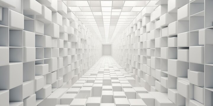 Perspective view of mosaic of many white stacked cubes , abstract background, infinity concept. © Jasper W