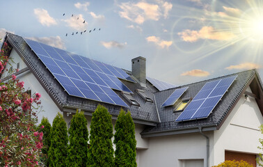 Modern House with Solar Panels and Lush Greenery