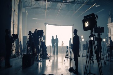 lighting movie making commercial working scenes film behind professional video big studio production people set silhouette - obrazy, fototapety, plakaty