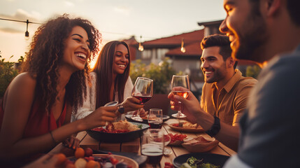 Group of young people having fun drinking red wine on balcony rooftop bbq dinner party - Happy multiracial friends eating barbecue food at restaurant terrace - Food and drink life style concept 
