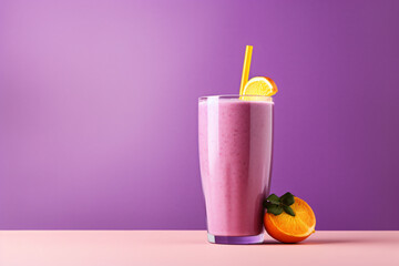 Fruit smoothie on purple copy space background