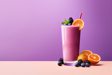 Fruit smoothie on purple copy space background