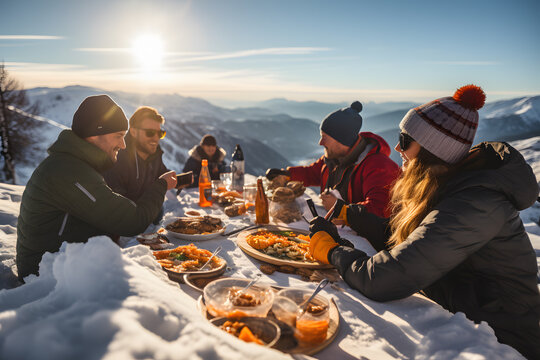 Naklejki Snowy Snacking Soiree: Snowboarders' Hillside Picnic Bliss ai generated art